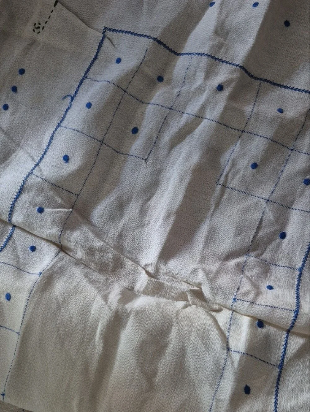 Embroidered White Cotton Table Runner Linen with Blue Floral Accents